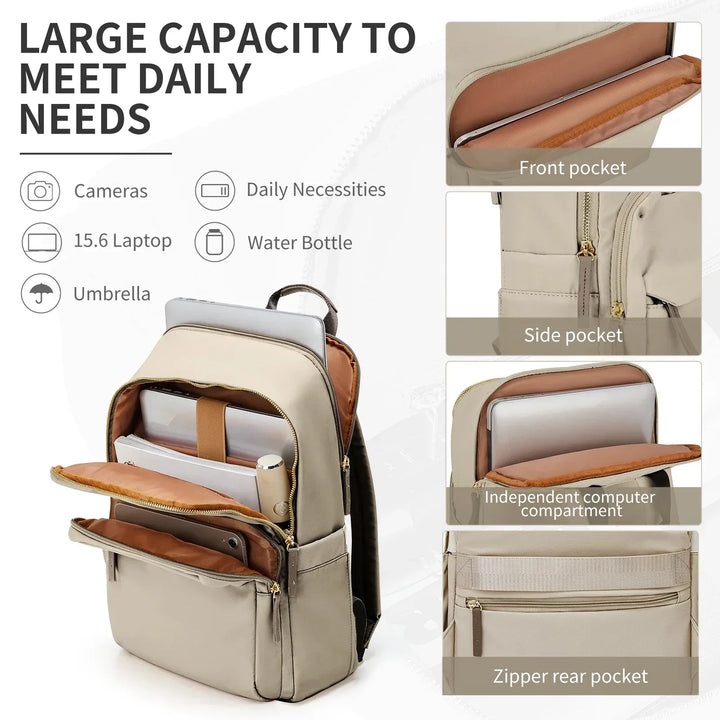 Side profile of womens water-resistant adventure backpack showing bottle pocket