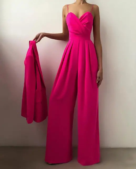 Back view of chic evening wear jumpsuit for women with secure zipper closure
