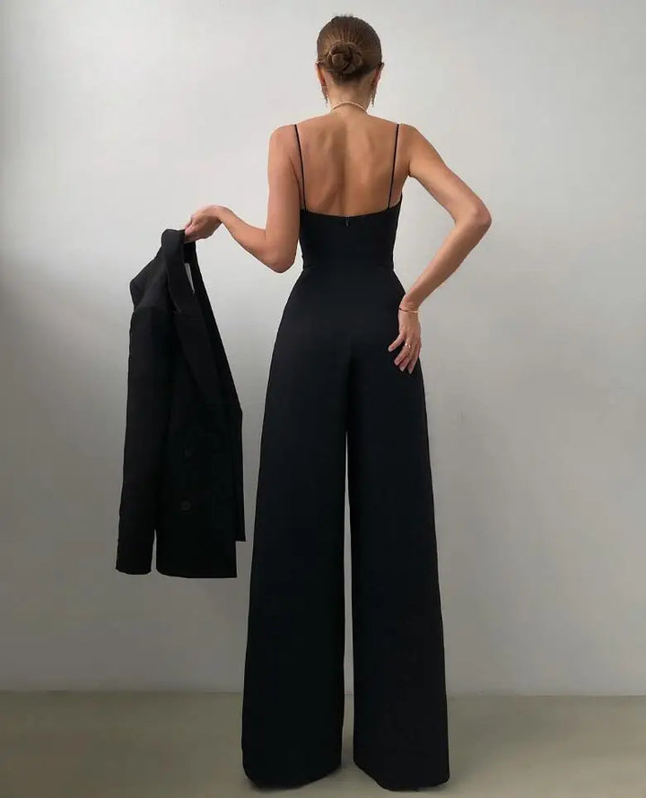 Close-up of waistband and tailoring on sophisticated women's jumpsuit