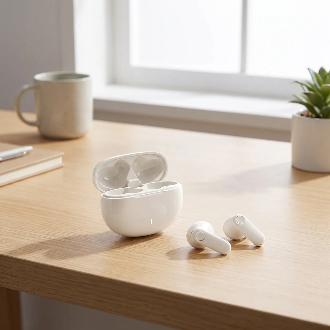 White wireless earbuds and charging case displayed on a wooden desk next to a coffee mug