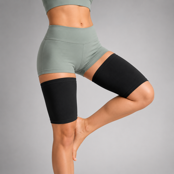 Model wearing black ultra-flat compression thigh bands under athletic shorts
