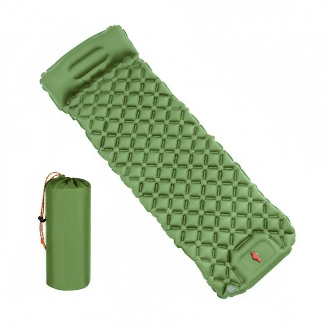 Backpacking gear bundle featuring rolled camping mattress inside a compact waterproof stuff sack