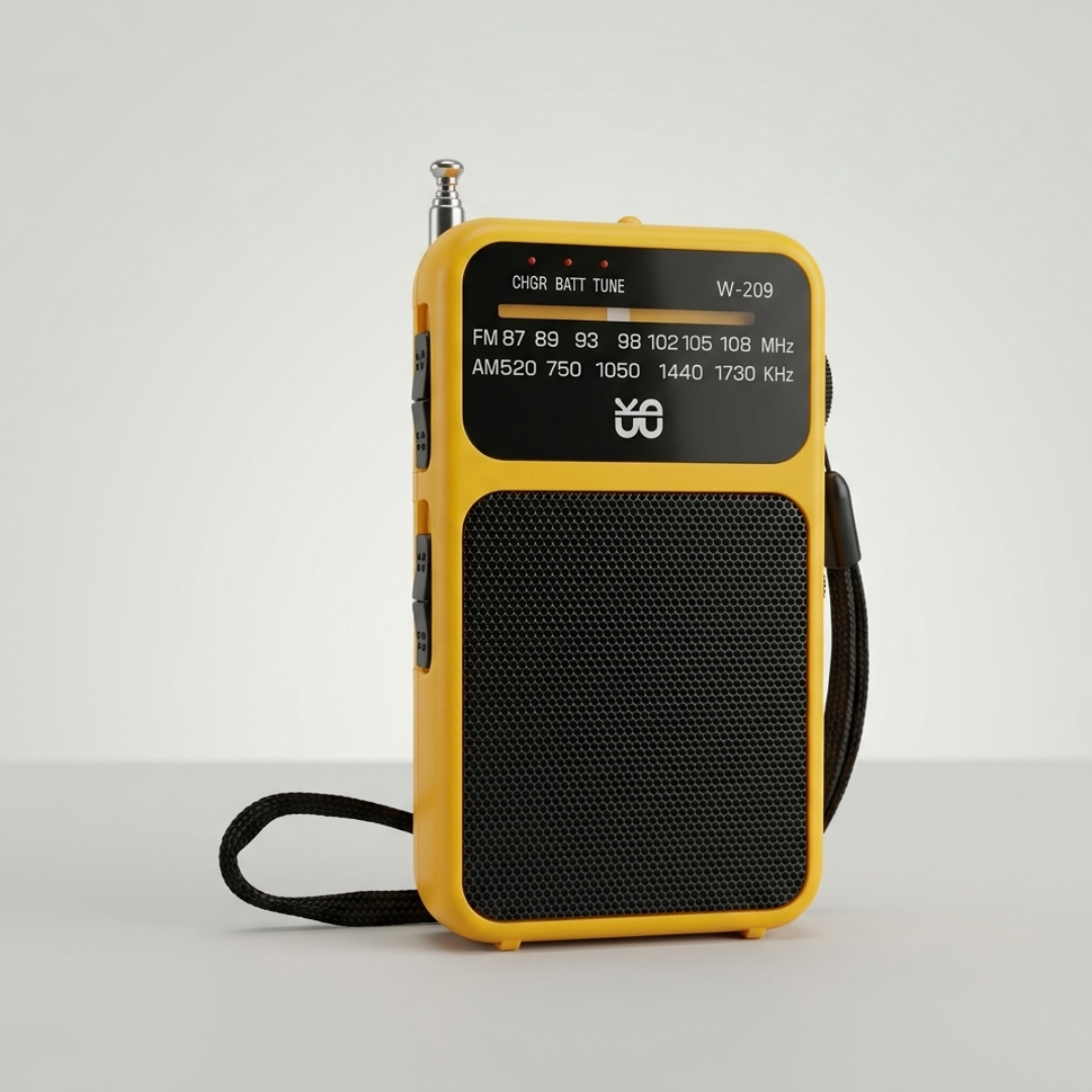 Bright yellow portable AM/FM transistor radio with extended antenna
