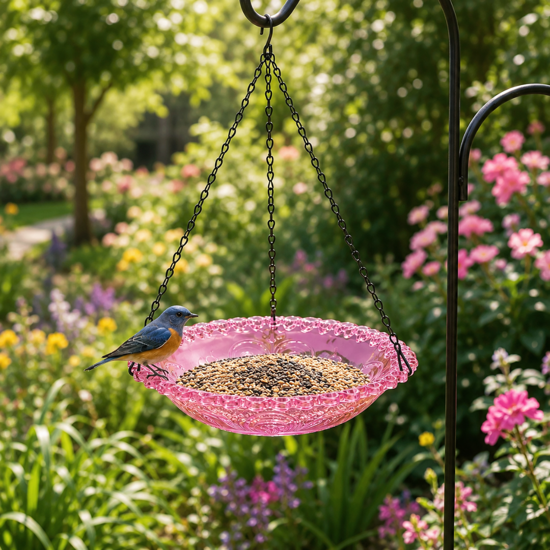 Pink single-layer hanging flower bird feeder with a small blue bird perched on the rim in a garden.