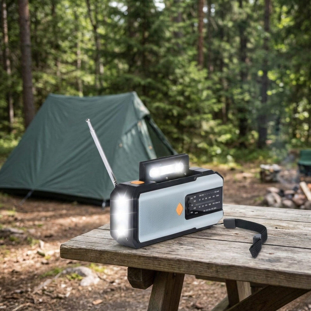 Portable emergency hand crank radio resting on a wooden table outdoors near a green tent in a forest setting.