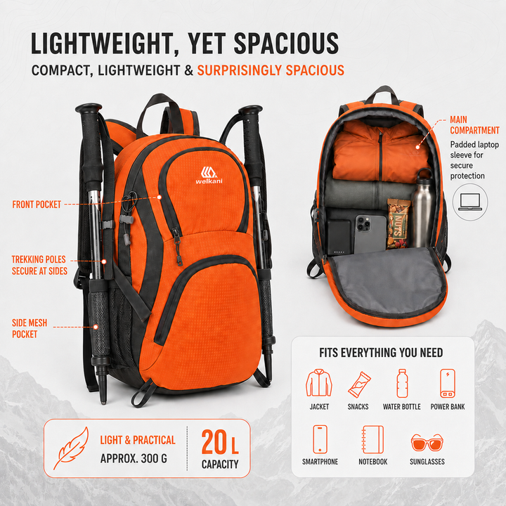 Lightweight camping gear travel pack viewed from the back panel