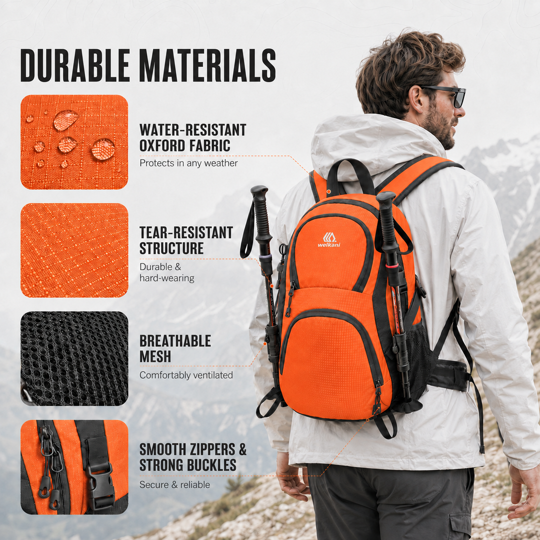 Durable outdoor backpack 20L capacity showing side water bottle pocket