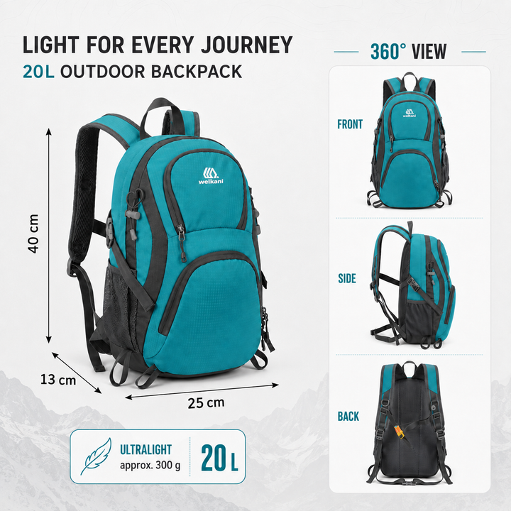 Infographic showing 20L outdoor daypack dimensions, 360 degree views, and ultralight weight