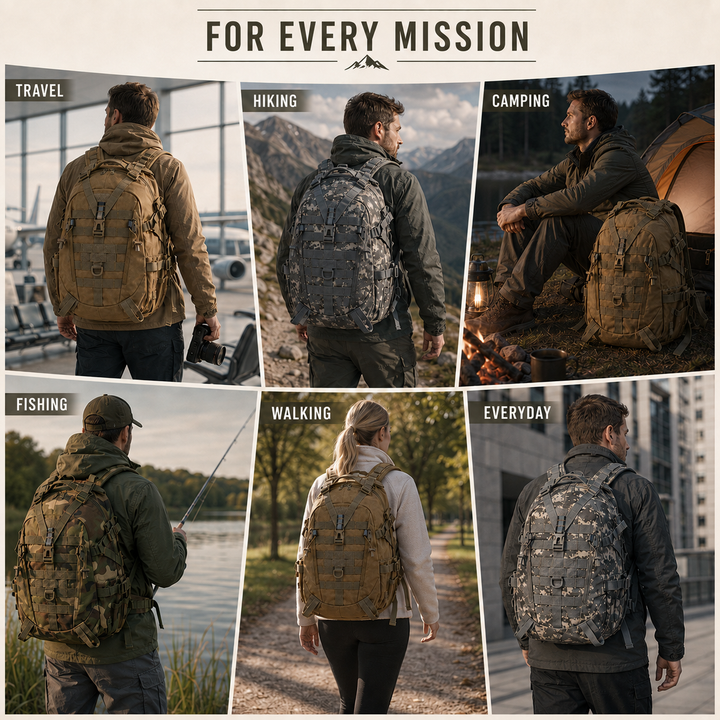 Top handle and heavy-duty zipper details on waterproof camping gear pack