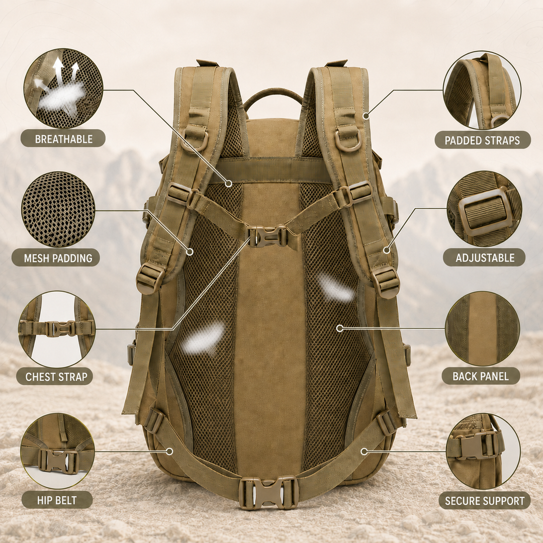 Durable 40l tactical backpack showing front compartment and molle webbing