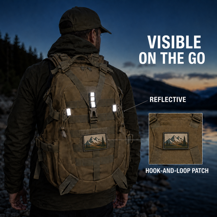 Side view of outdoor hiking rucksack with compression straps and mesh pockets