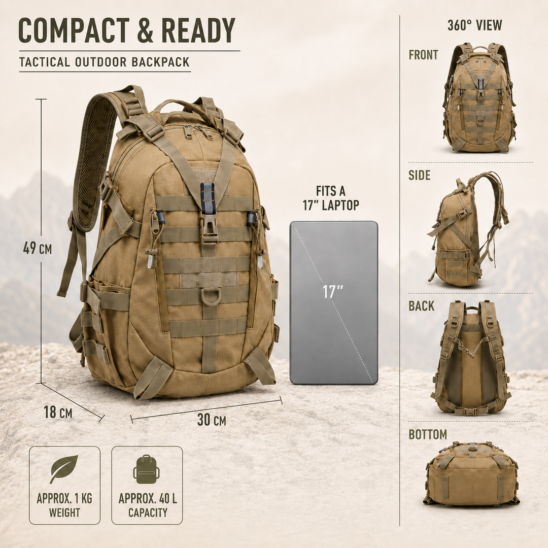 Infographic showing dimensions of 30 x 18 x 49 cm and 40 litre capacity for the tactical backpack