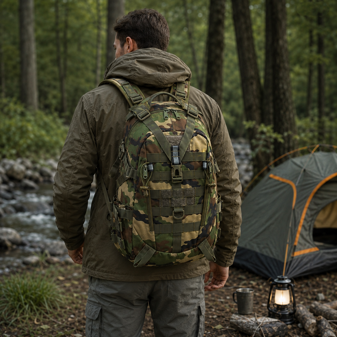 Lifestyle shot of person wearing 40 litre tactical backpack outdoors