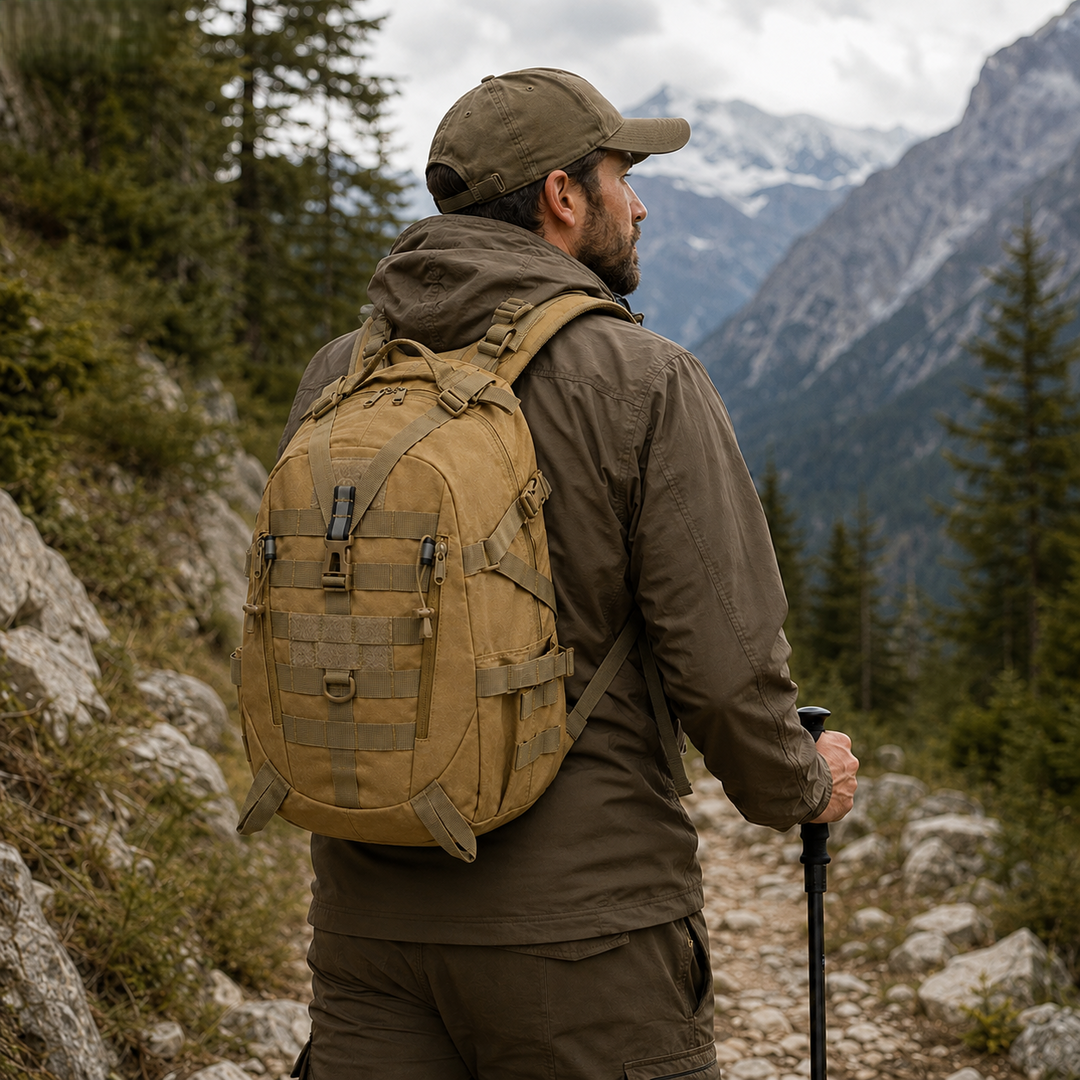 Man wearing a light brown tactical outdoor backpack on a mountain trail
