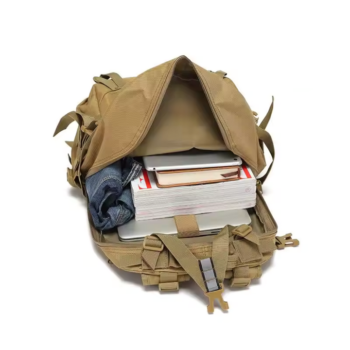 Heavy-duty double zippers with pull cords on tactical backpack