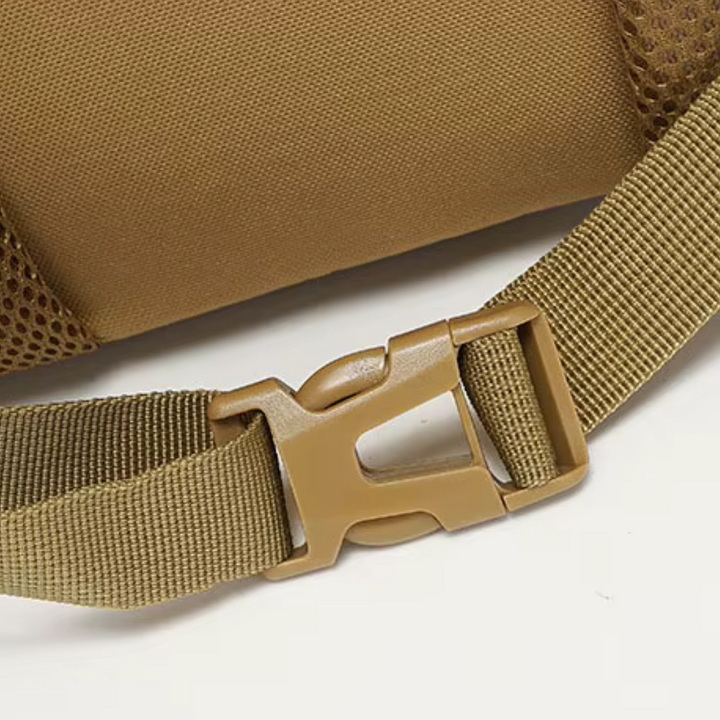 Chest sternum strap with integrated whistle on hiking backpack
