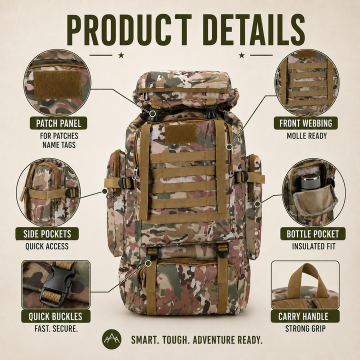 Unisex 80L outdoor trekking backpack side profile view for hiking and camping