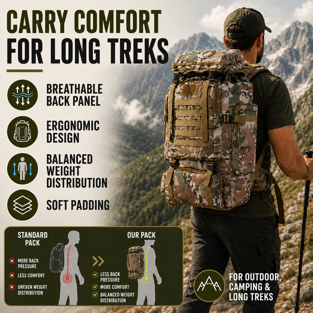 Large capacity 80 litre tactical camping backpack showing main compartment