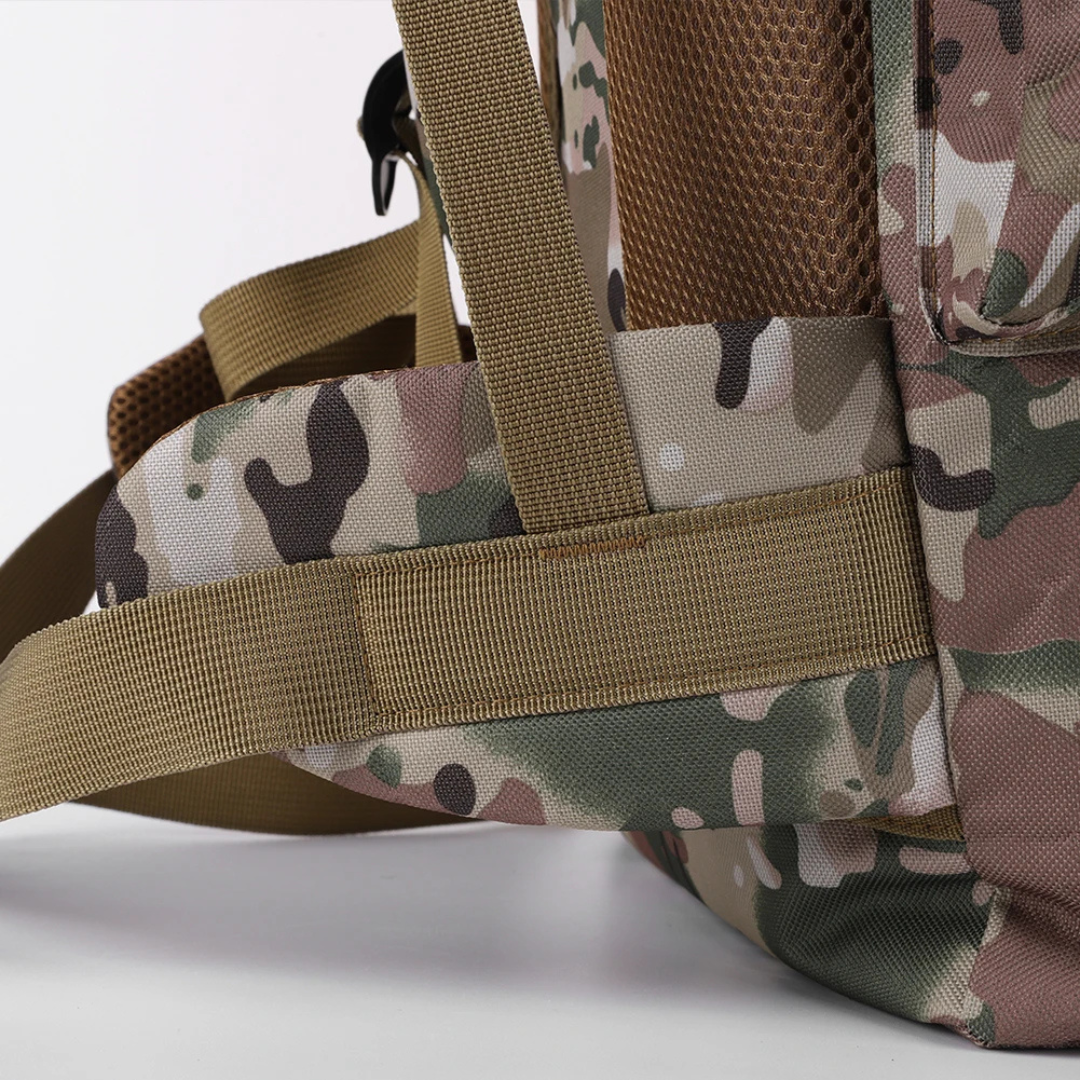 Rugged outdoor trekking backpack Zippers and reinforced stitching close-up