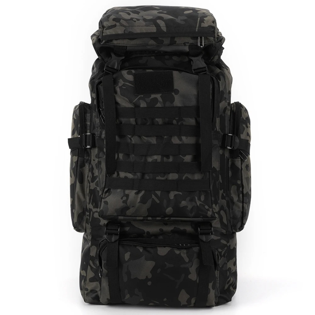 Black camo outdoor trekking backpack front view against white background