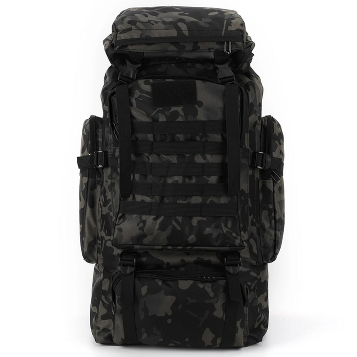 Black camo outdoor trekking backpack front view against white background