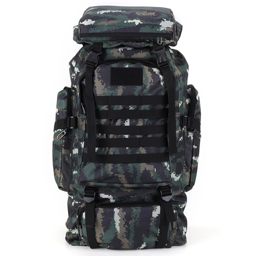 Tactical 80 litre travel backpack with adjustable waist belt and sternum strap