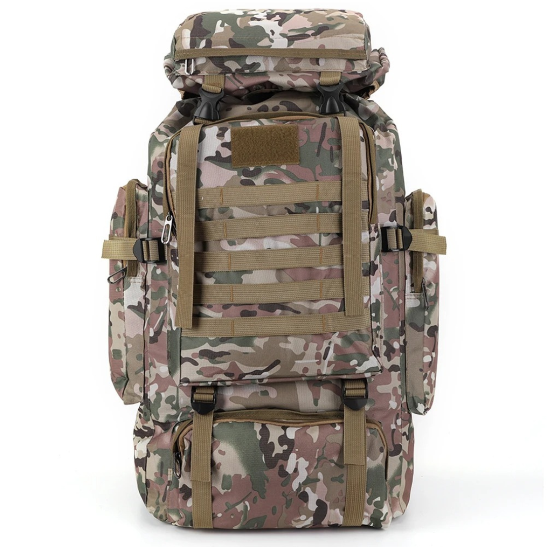 Outdoor trekking backpack showing bottom compartment and gear attachment loops