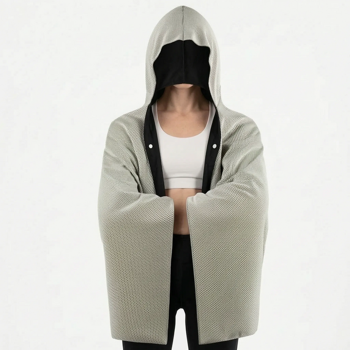Folded portable evaporative cooling towel with hood for outdoor activities