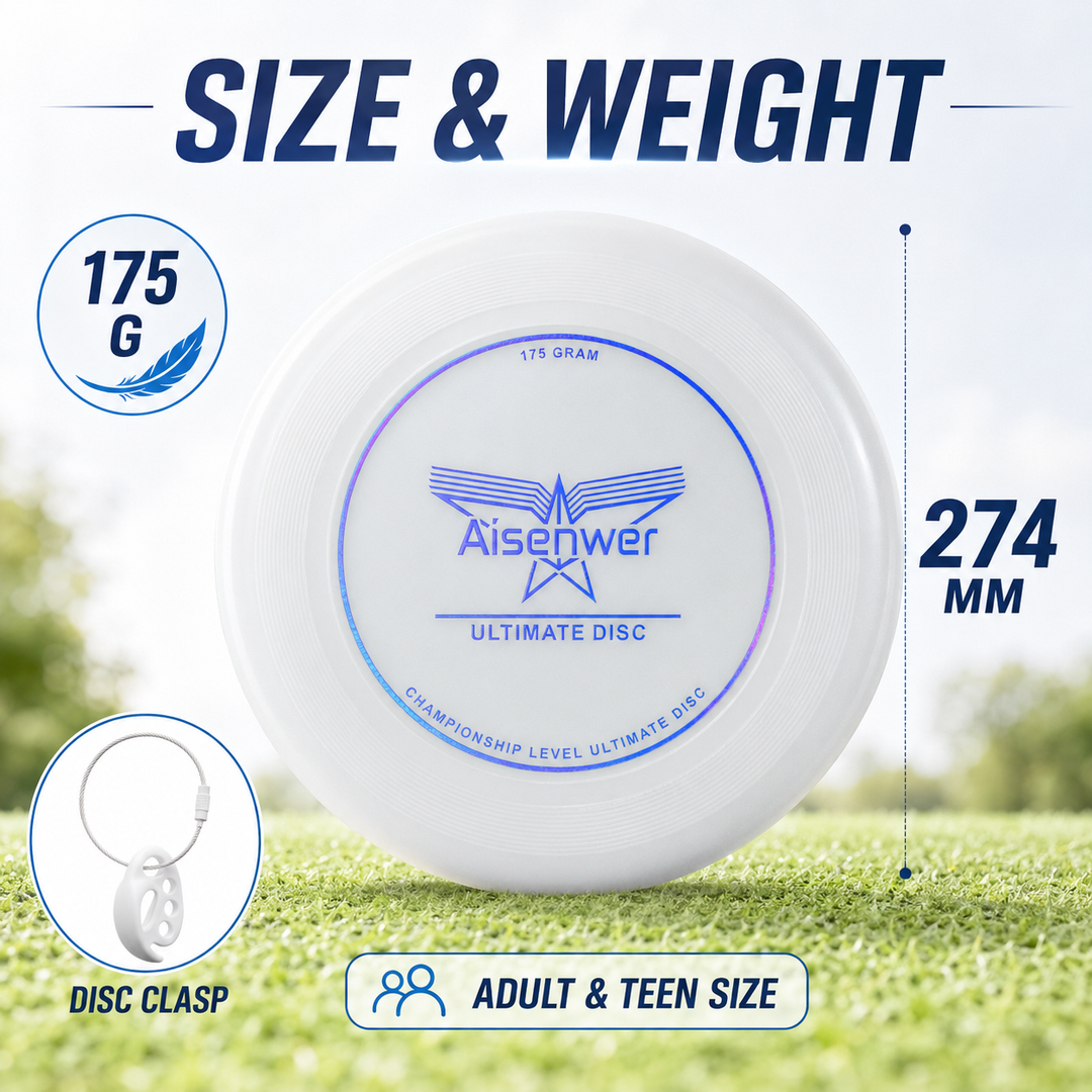 Product infographic highlighting the 175g weight and 274 mm diameter of the flying disc