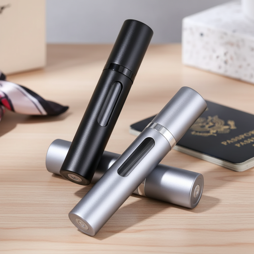 Black and silver portable glass perfume atomizers displayed on a wooden surface with a passport