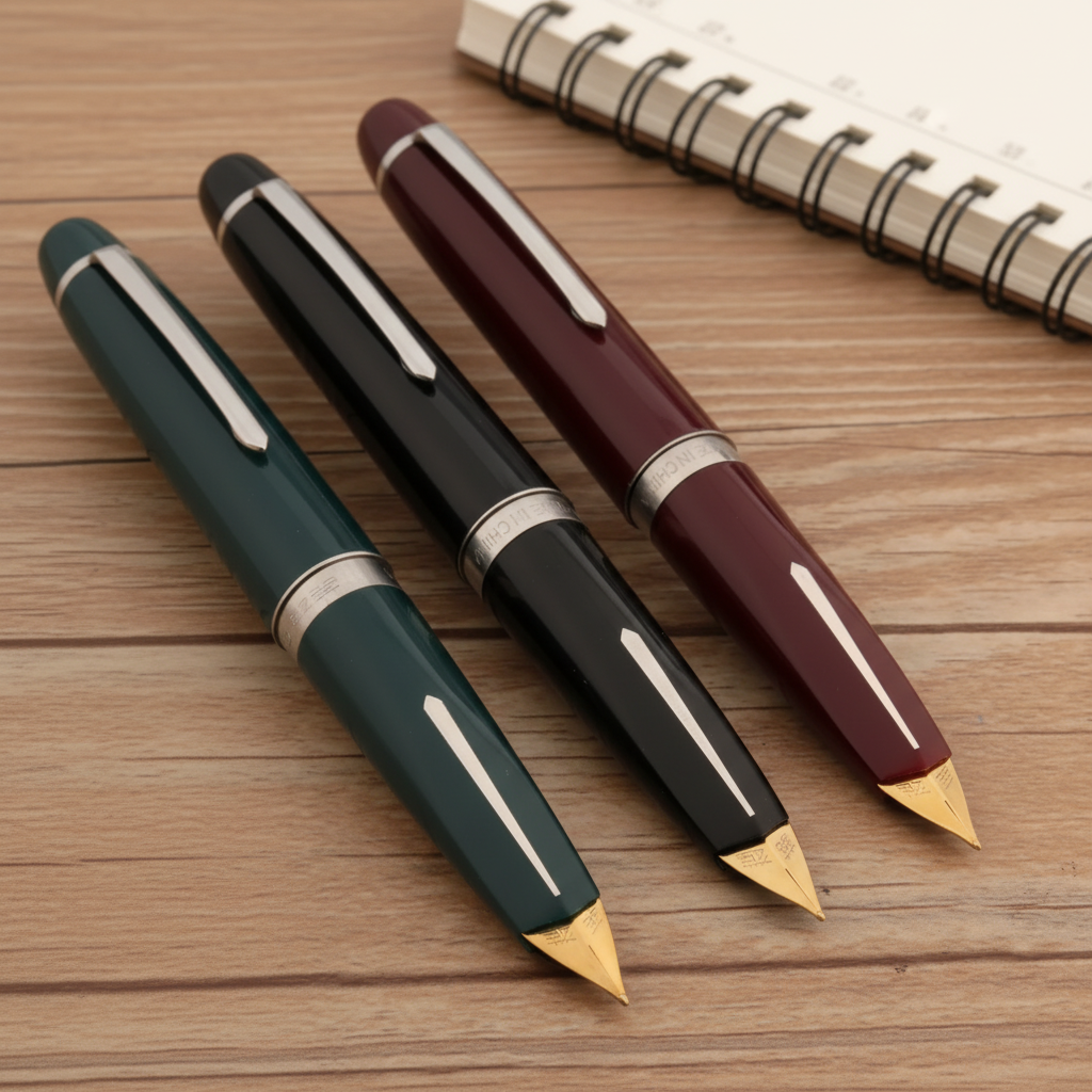 Three classic retro fountain pens in different colors resting on a wooden desk next to a notebook.