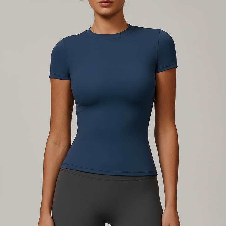Breathable material close-up on a women's fitness athletic tee