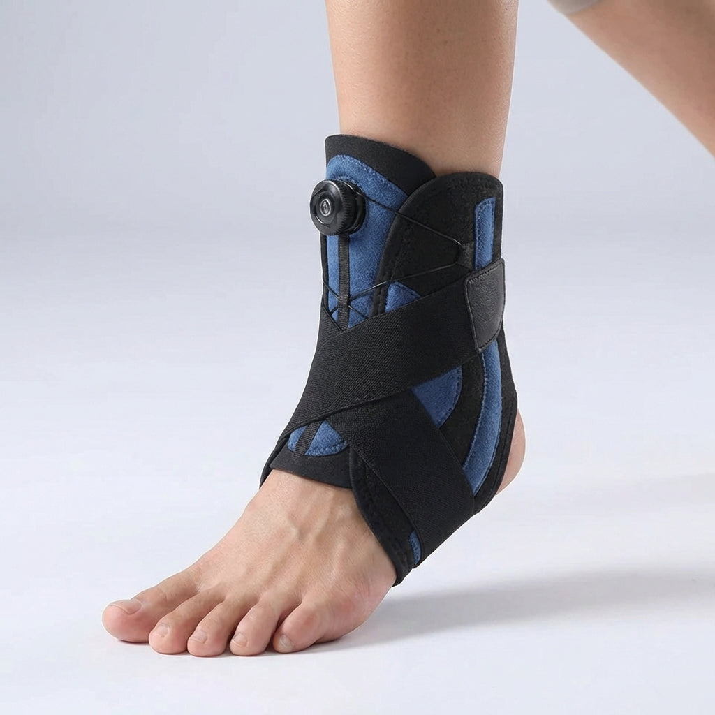 Demonstration of easy wrap-around design on adjustable ankle support brace