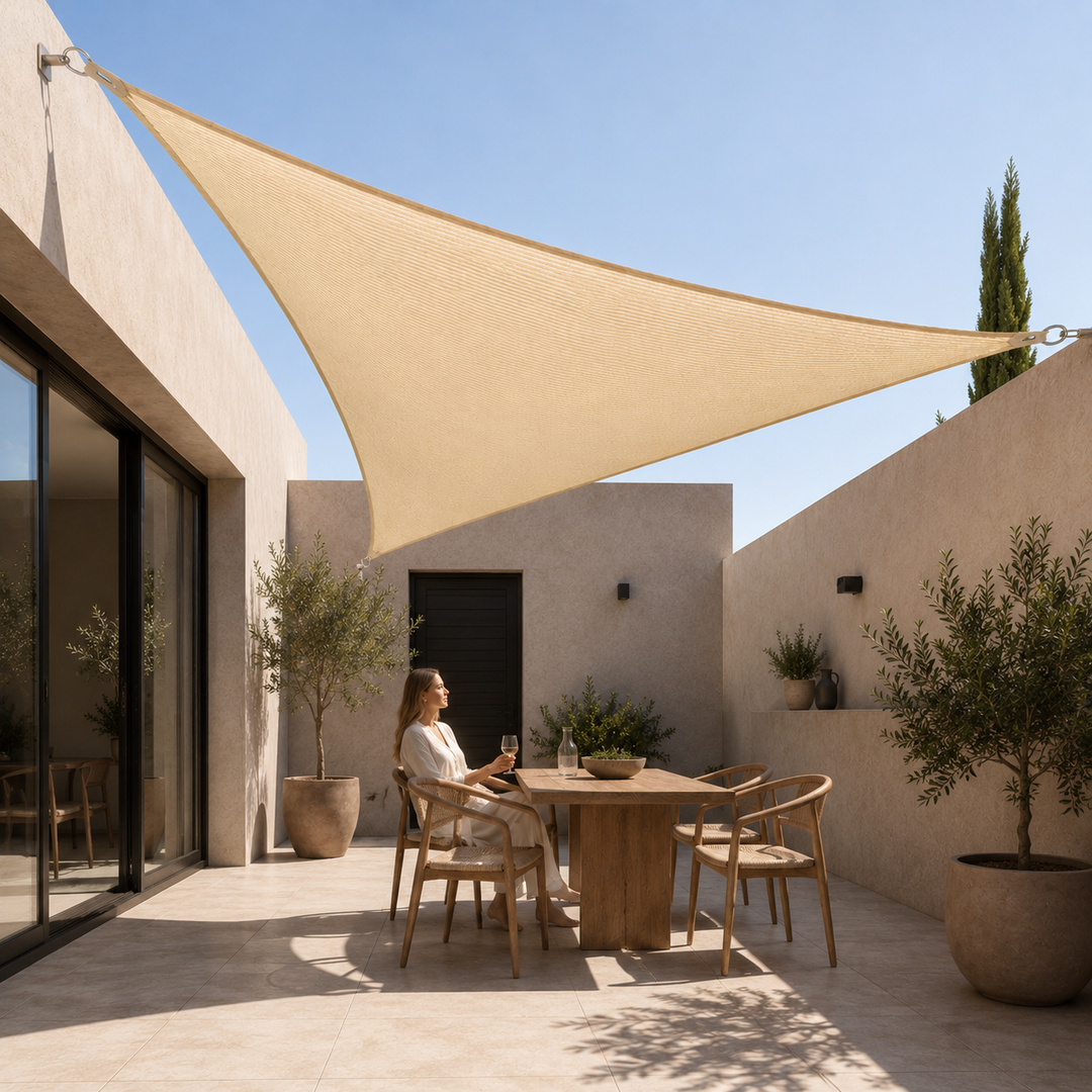 UV blocking triangular sun sail canopy stretched over a sunny lawn