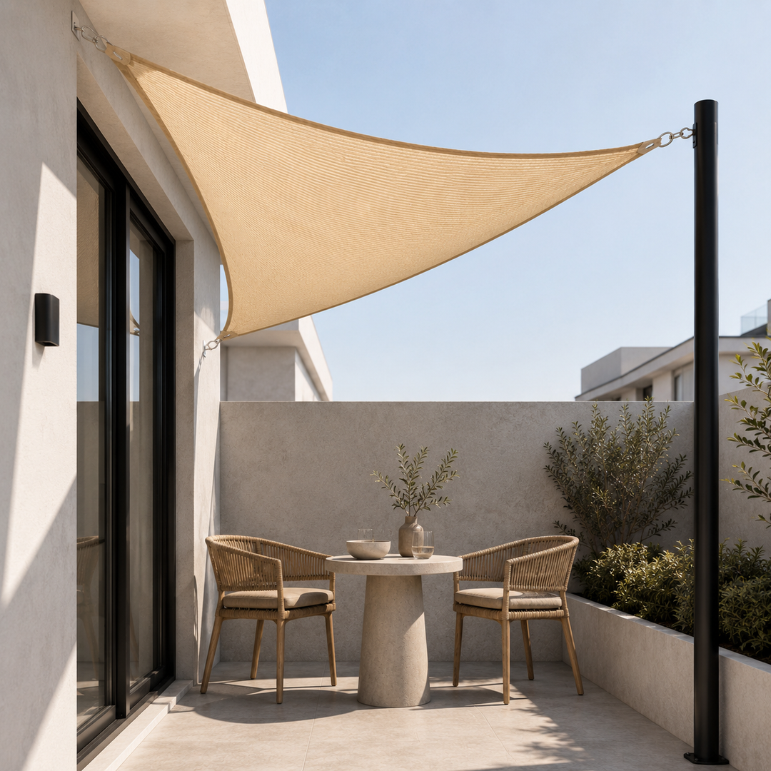 Beige triangular sun sail installed over a modern outdoor patio seating area with a table and chairs