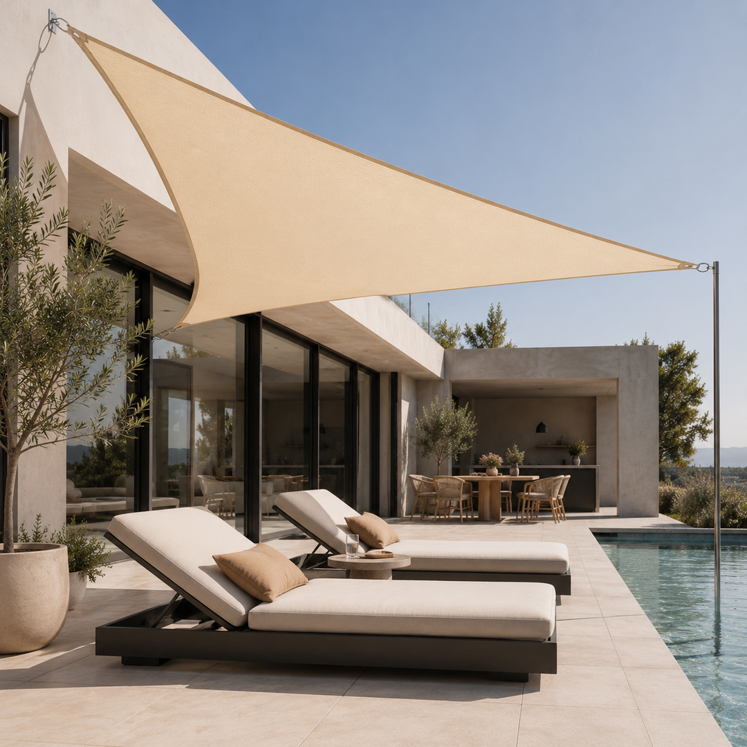 Complete large triangular sun sail canopy setup for ultimate patio shade