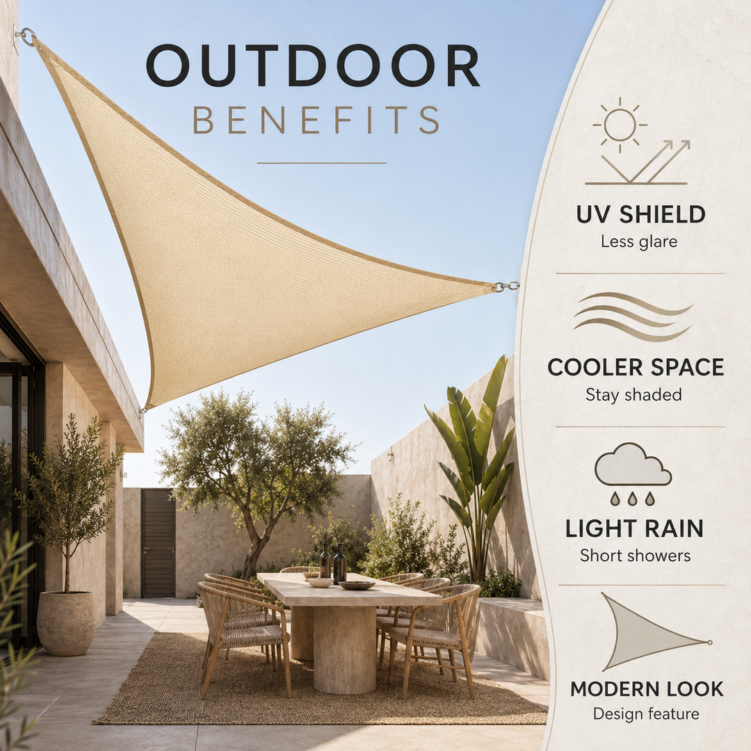 Infographic displaying outdoor benefits of the sun sail including UV shield, cooler space, and light rain resistance