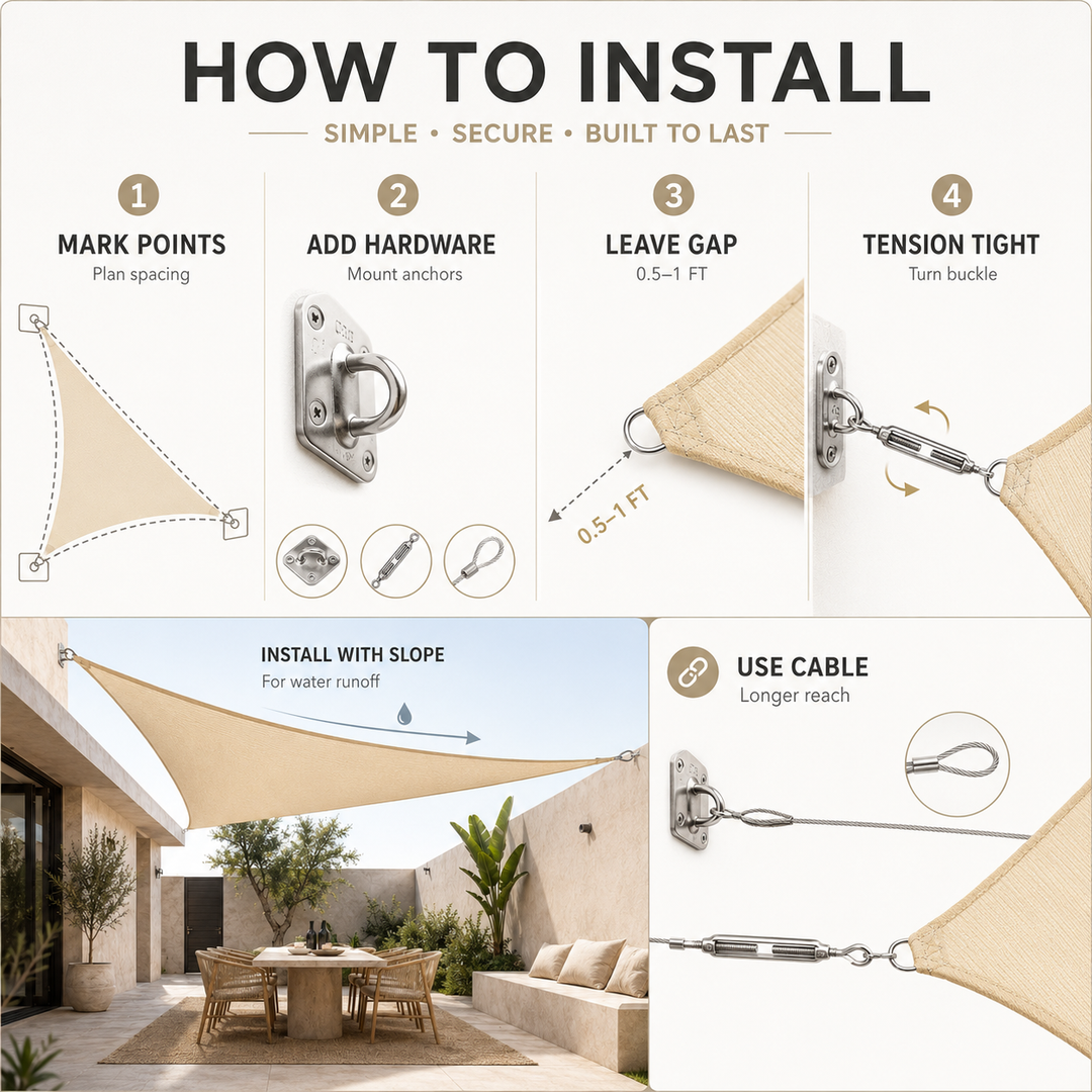 Heavy duty triangle sail shade canopy providing cool relief in the backyard
