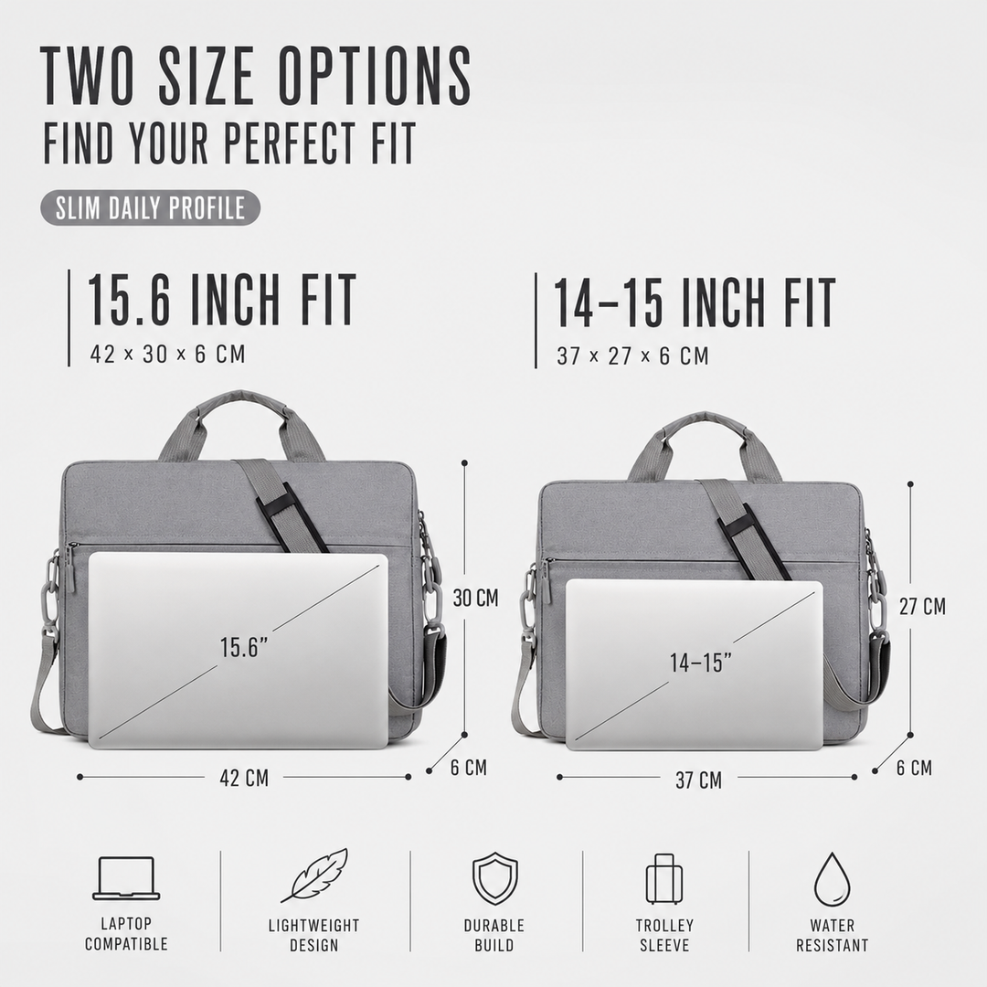 Infographic showing dimensions for 15.6 inch and 14 inch laptop sleeve options