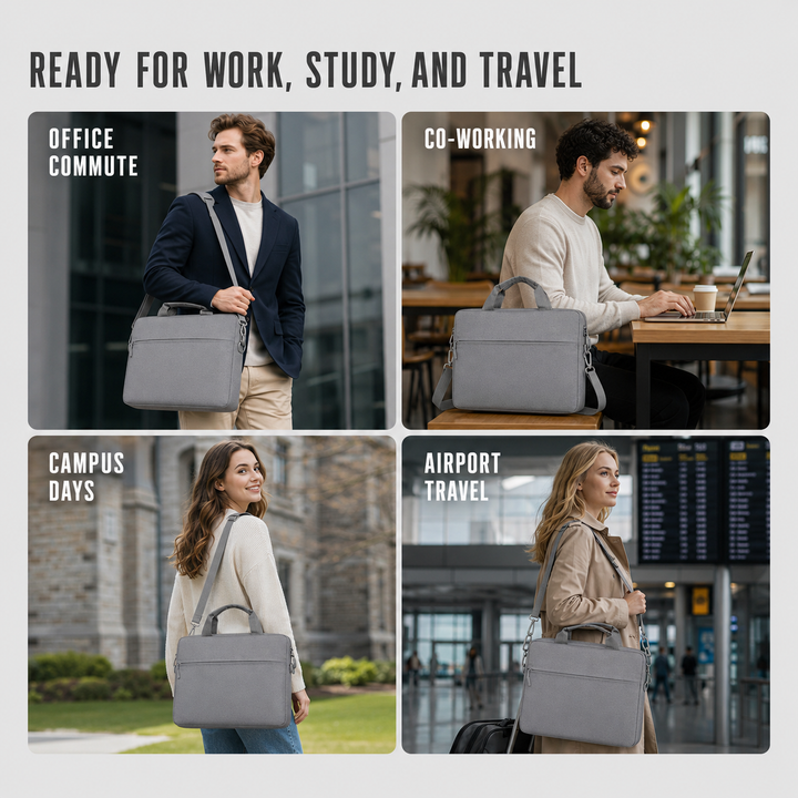 Unisex laptop bag shown from the side, highlighting slim profile and padding