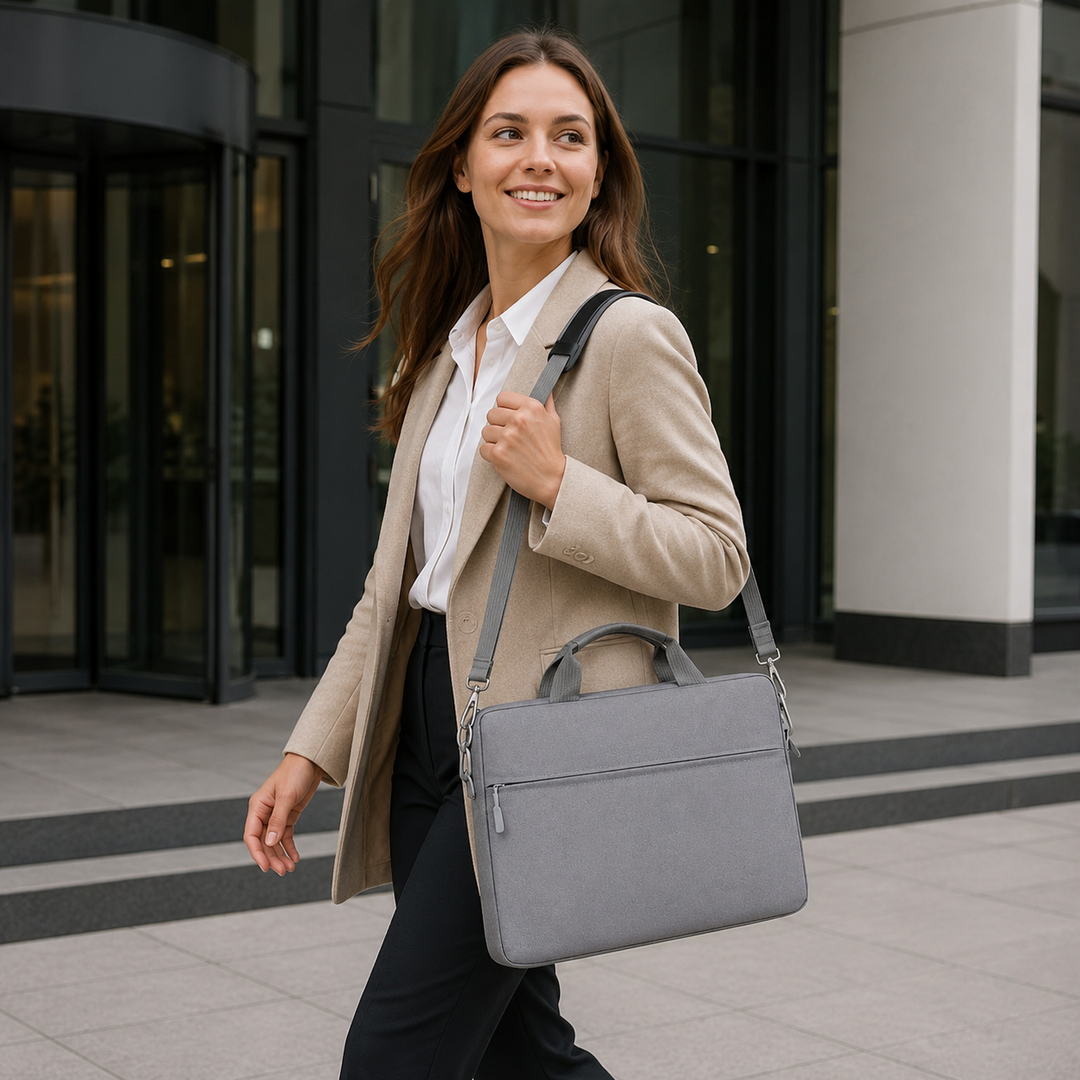 Minimalist computer sleeve flat lay with matching tech accessories