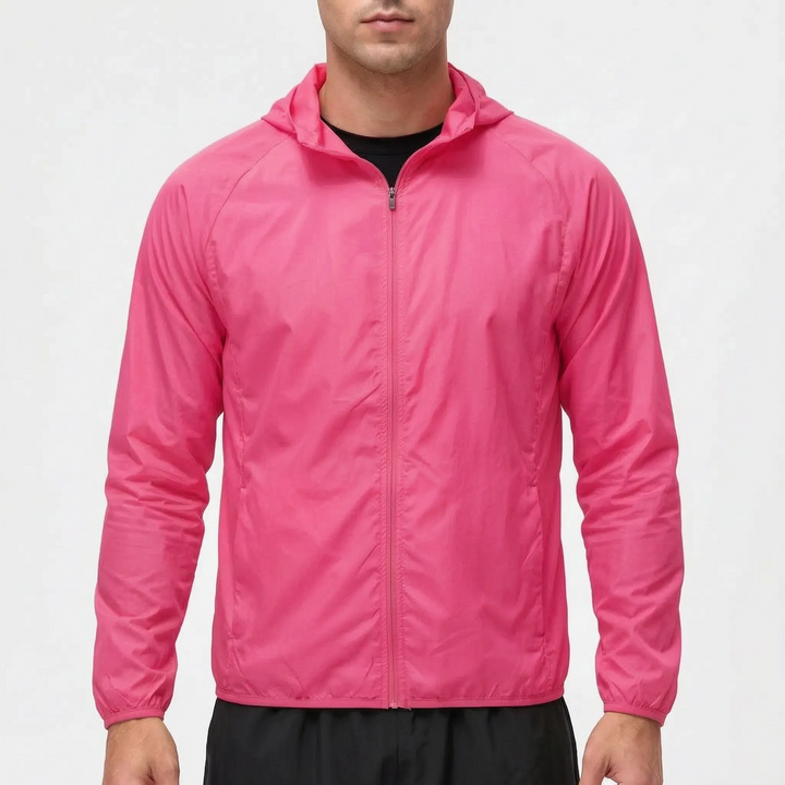 Classic mens windbreaker featuring deep zippered hand pockets