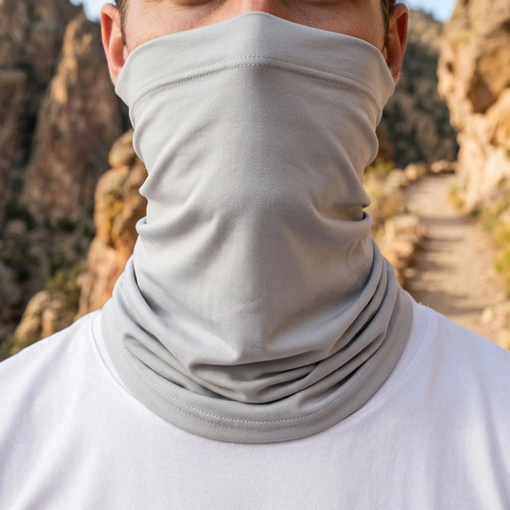 Close-up of lightweight black neck gaiter texture for outdoor activities