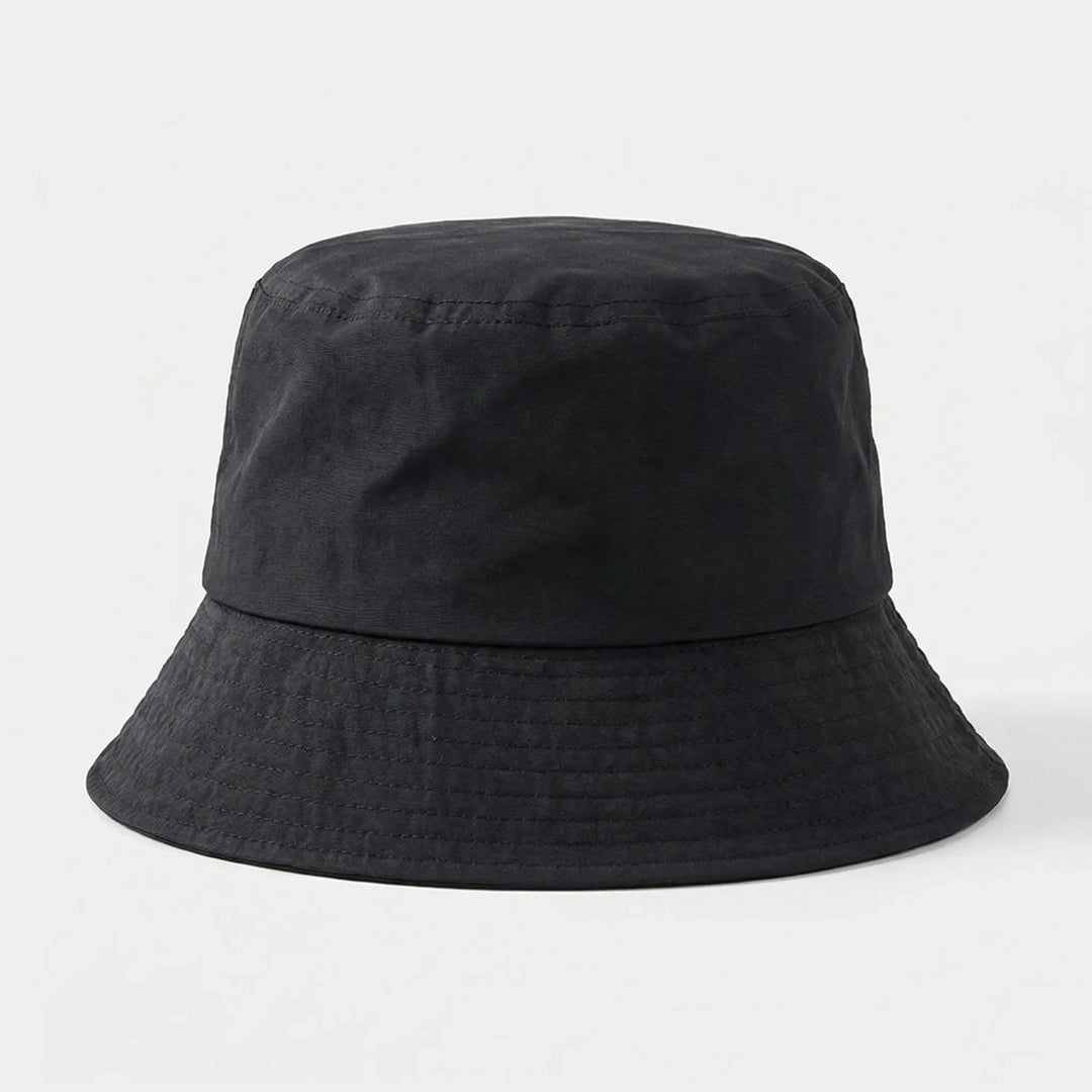 Black wide-brim water-repellent bucket hat on a clean white background