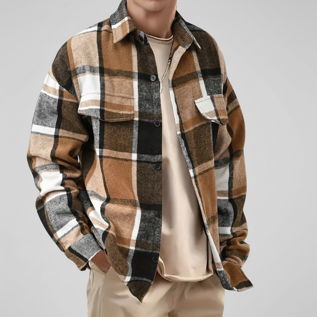 Men's brushed plaid button-up shirt featuring classic check pattern and long sleeves