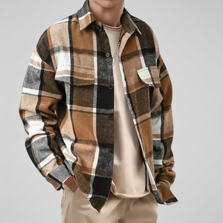 Men's brushed plaid button-up shirt featuring classic check pattern and long sleeves