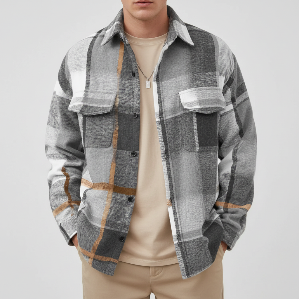 Close-up view of the fabric texture on a casual flannel check shirt for men