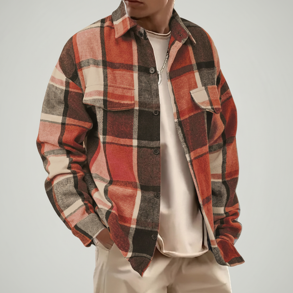Men's long sleeve plaid shirt styled for fall fashion and everyday casual wear