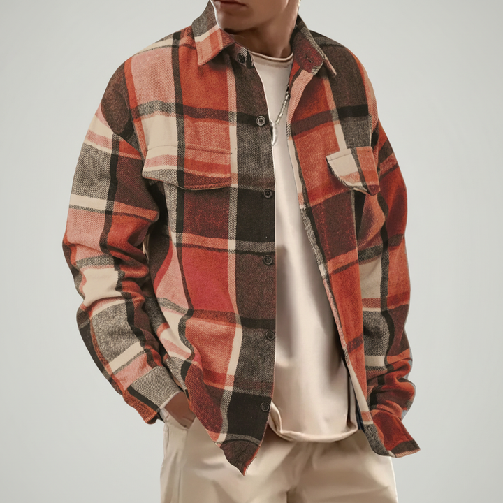 Men's long sleeve plaid shirt styled for fall fashion and everyday casual wear