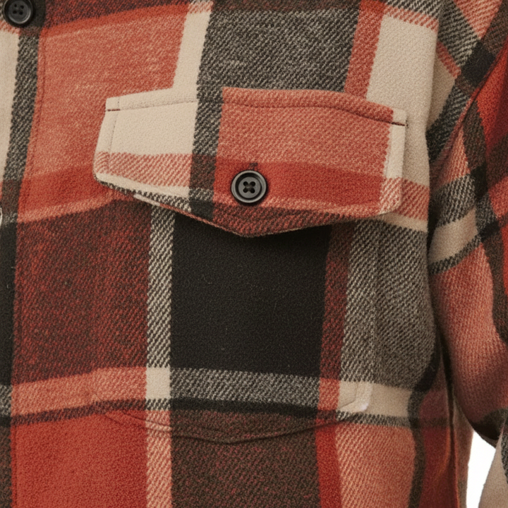 Detailed shot of button closure and collar on a menswear plaid button-down